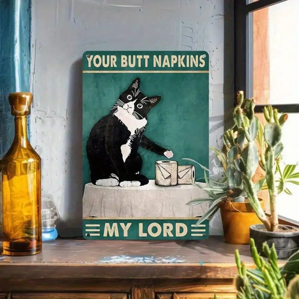 Letrero de estaño para gato, "su servilletas a tope", divertido arte de pared para baño para amantes de los gatos, 8x12 pulgadas/20x30Cm, 1 ud.