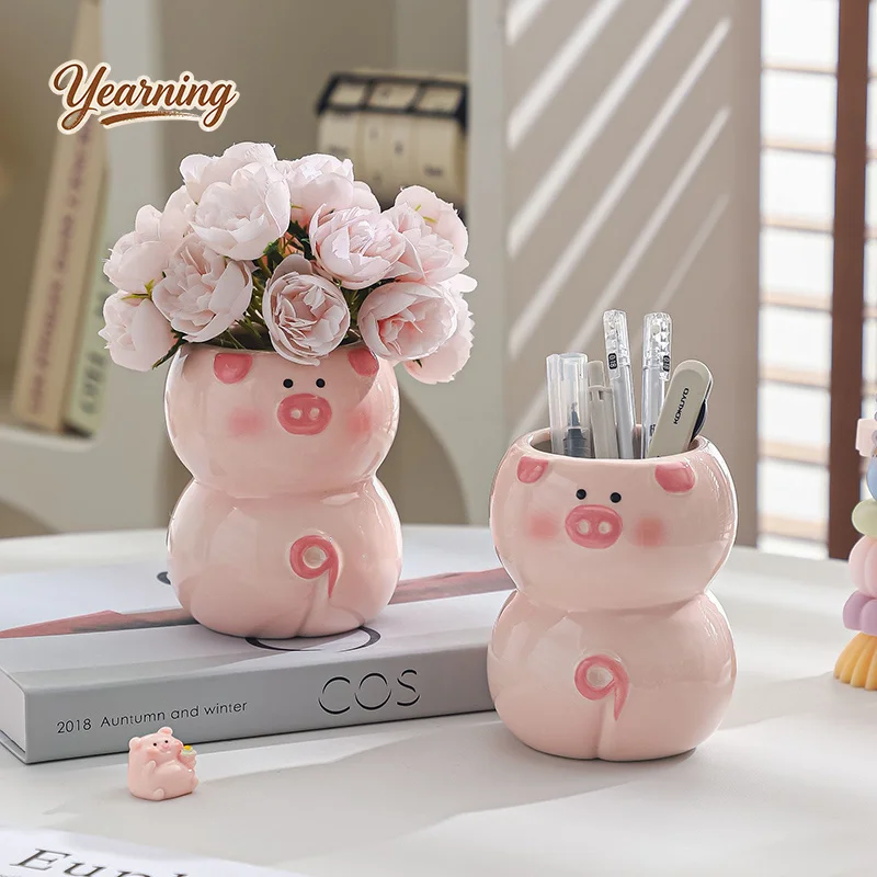 

Cute Pink Ceramic Piggy Vase Creative Cartoon Home Decoration Ornament Storage for Living Room Table