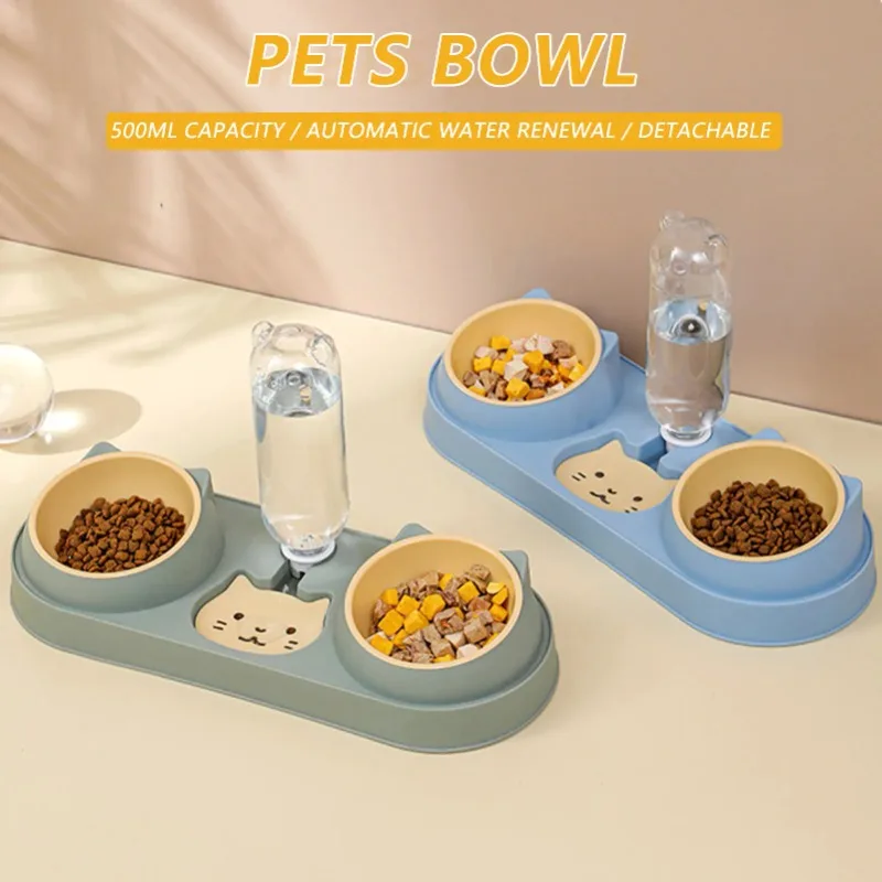 

Pet Cat Bowl Automatic Feeder Dog Food Bowl With Water Fountain Double Bowl Drinking Raised Stand Dish Bowls For Cats