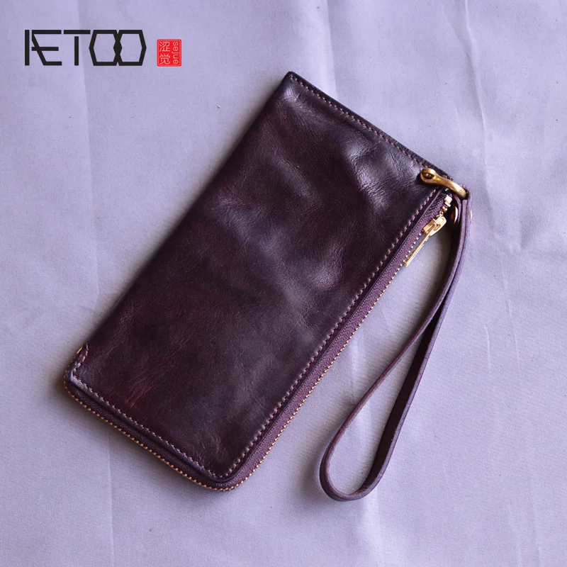 AETOO Vintage handmade fold wallet, men's leather long zipper wallet, personality youth mobile phone bag, soft leather wallet