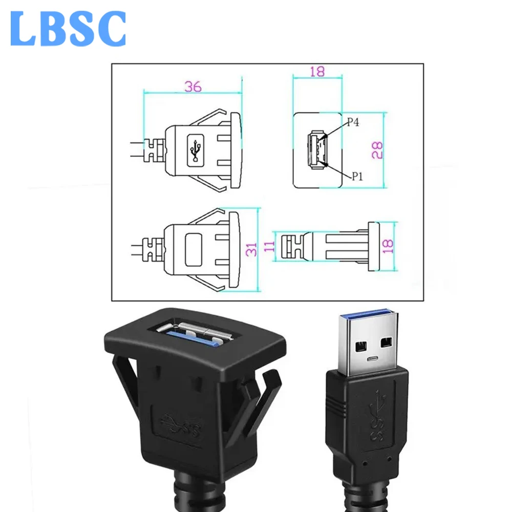 Câble d'extension de panneau USB 3.0, montage encastré, voiture, camion, bateau, moto, carte Prada, 1m
