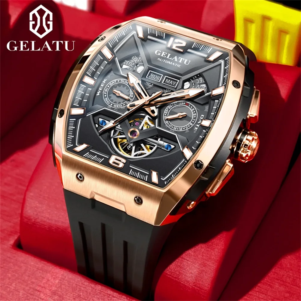 GELATU 6013 رجل الساعات العميق مقاوم للماء تونيو الهاتفي ساعة ميكانيكية للرجال هيكل عظمي مجوف تاريخ السيارات الأعمال الذكور ساعة اليد