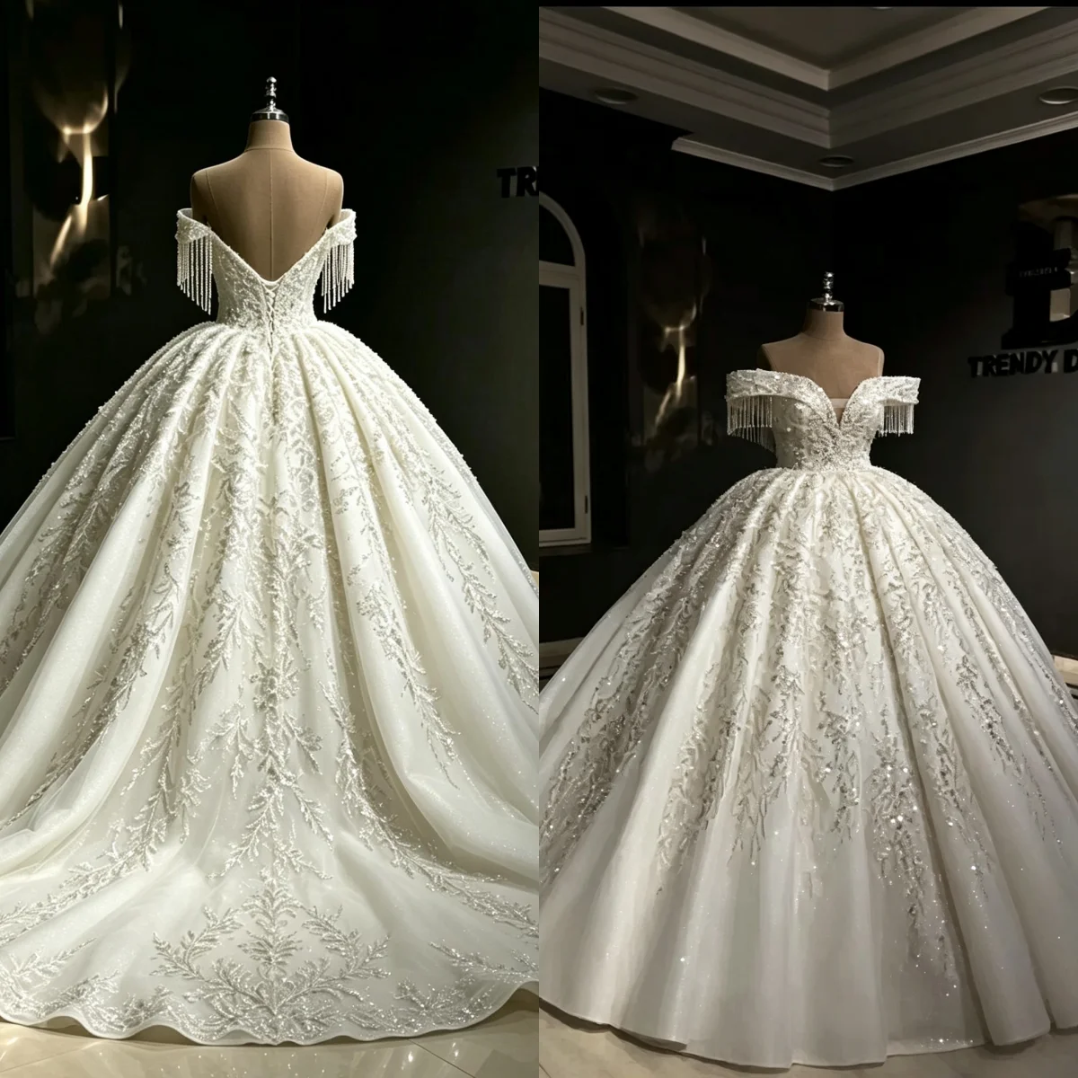 Luxury Ball Gowns Bridal Dresses Off Shoulder Beaded Sequins Tassel Castle Wedding Gowns Customized Sweep Train Bride Dress