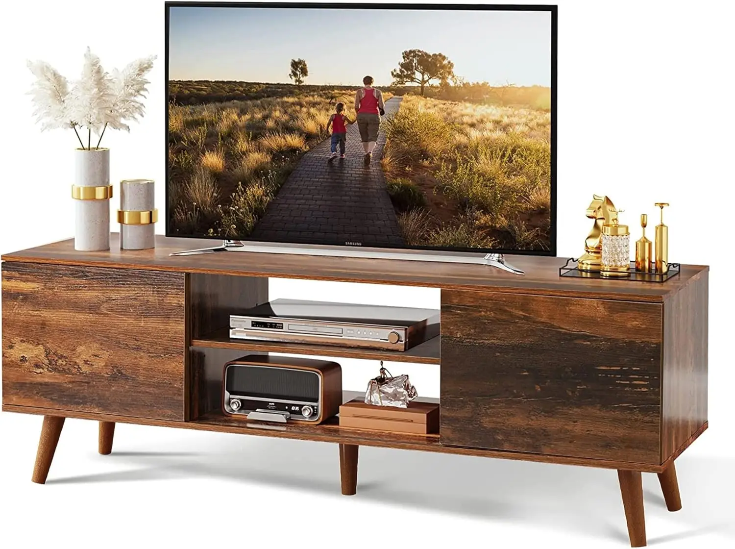 

TV Stand for 55 60 inch TV, Mid Century Modern TV Console, Entertainment Center with Storage for Living Room, Retro Brown