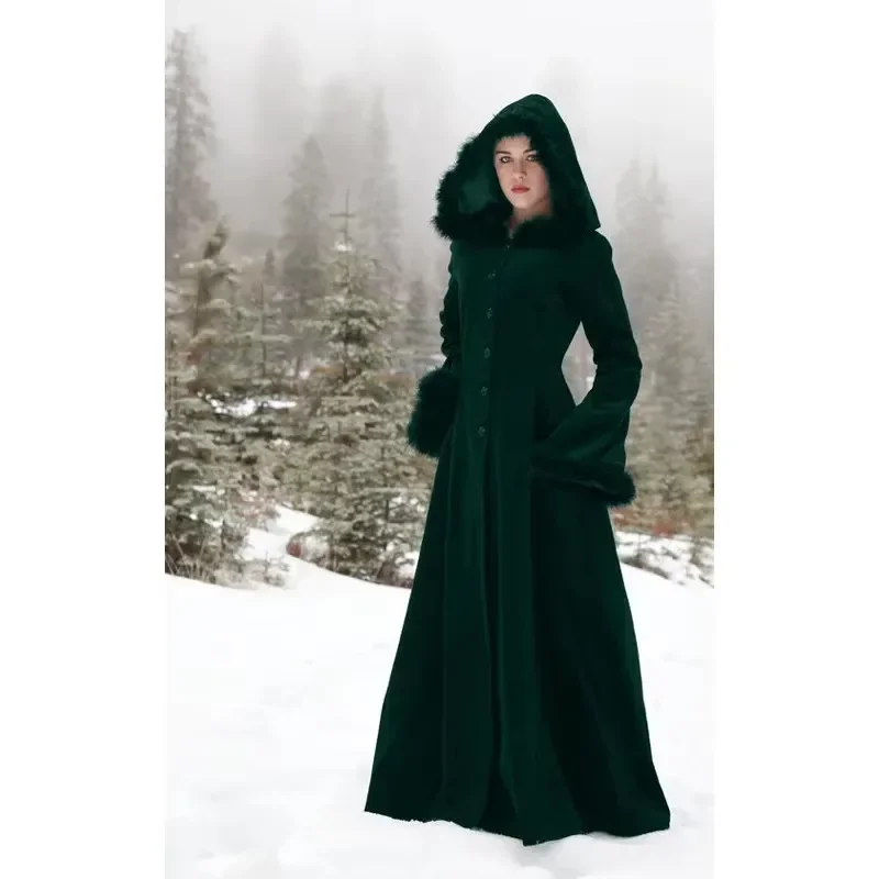 MN1 Vintage Halloween Renaissance Medieval Clothes Costume Womens Dress Hooded Maxi Trench Coat Cosplay Outwear Plus Carniva8/yG