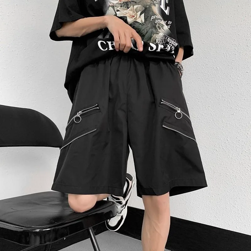 Zipper Cargo Shorts Men Summer New Niche American High Street Fashion Solid Color Loose Straight Leg Versatile Short Pants Male