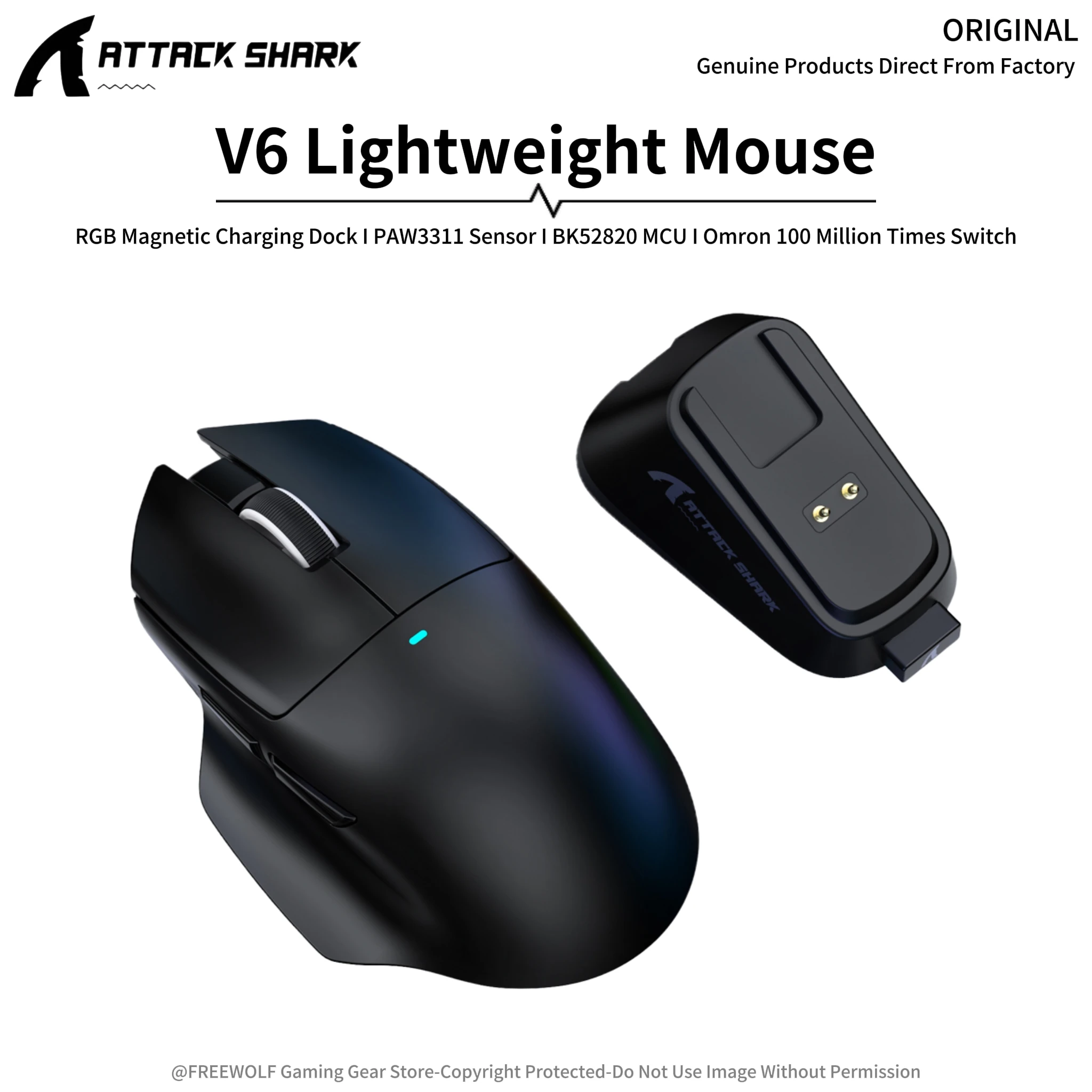 

Attack Shark V6 Tri-Mode Lightweight Mouse & RGB Magnetic Quick-Charging Base,PAW3311,BK52820 MCU,1000Hz Polling Rate,500mAh