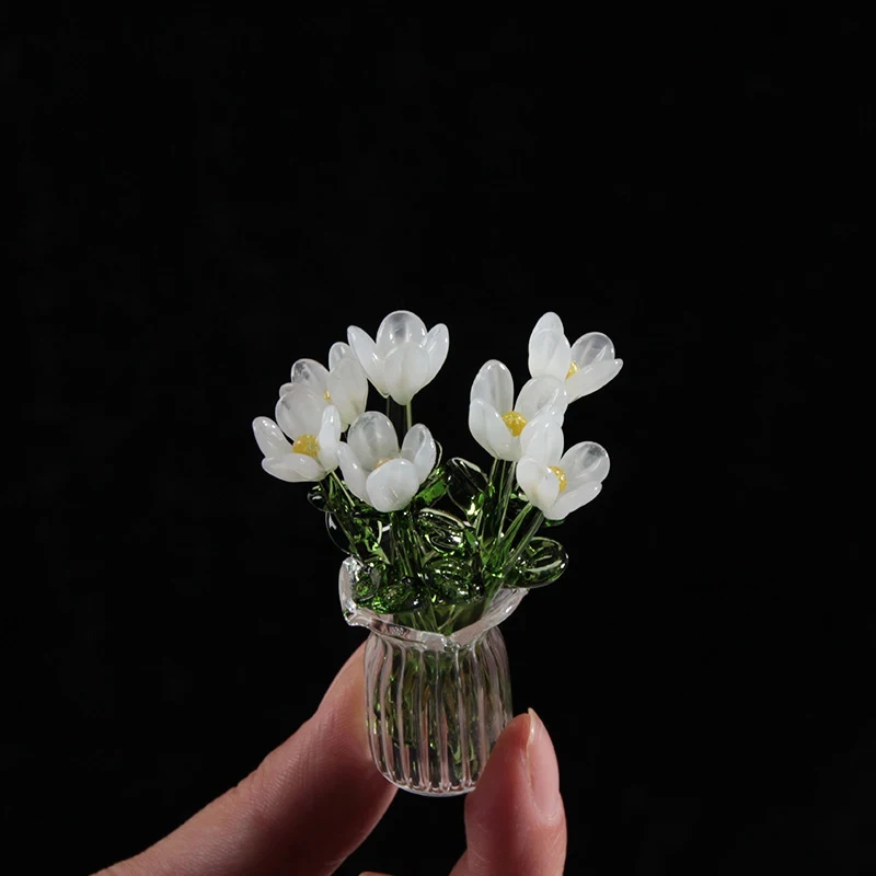 Handmade Glass Flower Bouquet Realistic Preserved Flower Arrangement for Home Fresh Table Decor Vase Centerpiece Unique Gift