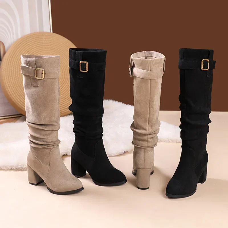 Moda pelle scamosciata tacchi alti stivali alti da donna 2025 tendenza inverno nuove scarpe alte al ginocchio marca gladiatore comfort elegante