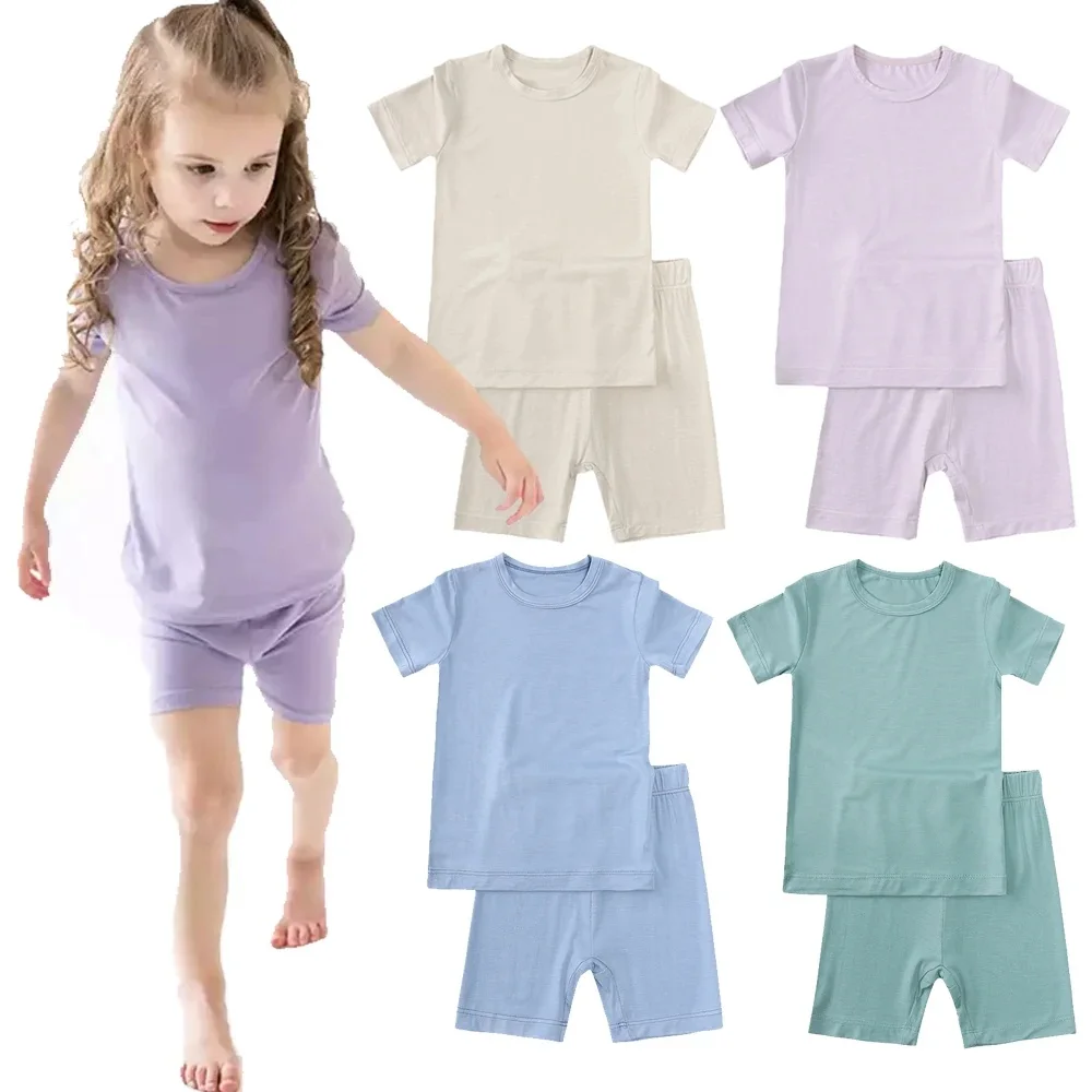 

2025 Bamboo Fiber Toddler Kids Summer Outfits Clothes Solid Breathable Boys Girls Sleepwear Suit For Infant Loungwear Pyjamas