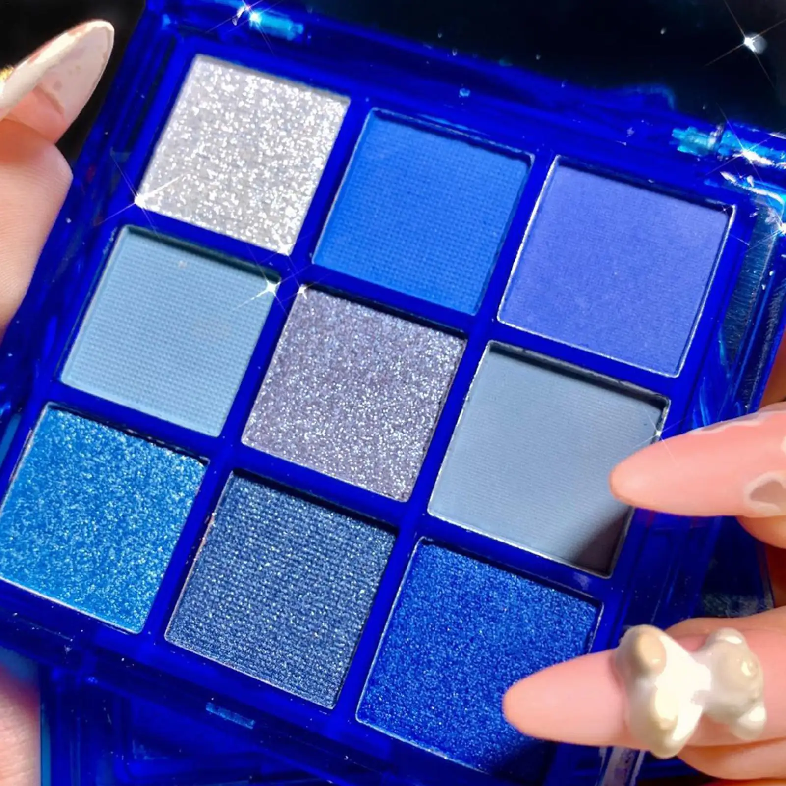Paleta de sombras azuis, 9 cores, à prova d'água, suor, azul, fosco, pérola, glitter, acabamento, performance, palco, maquiagem, festival de música