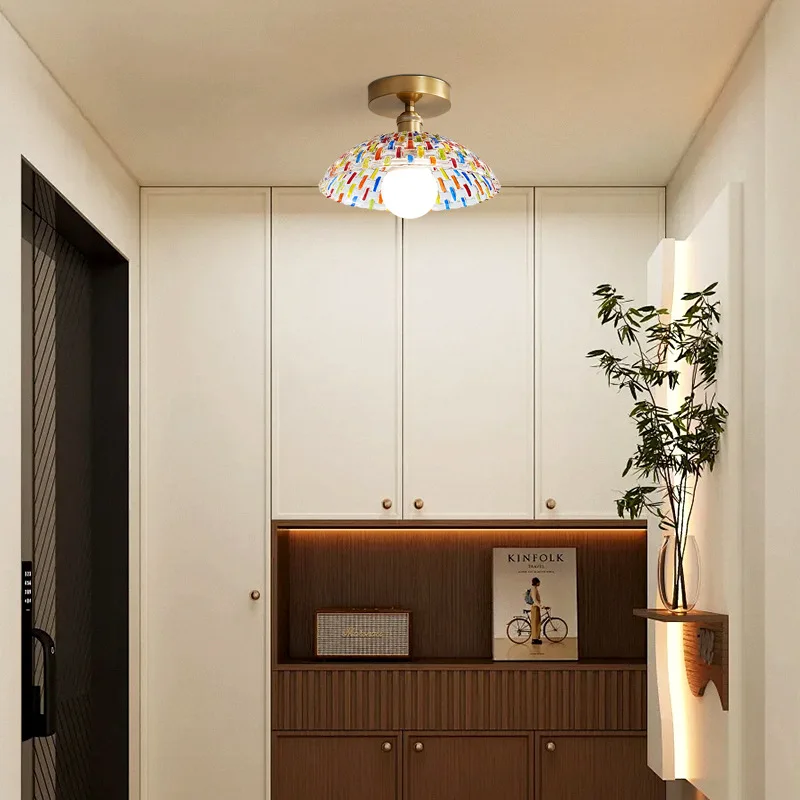 

Colored Retro Glass Light Porch Wrought Iron Aisle Lamp Balcony Corridor Restaurant Children's Room Small Ceiling Light