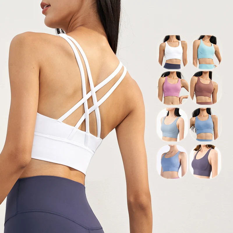 Girls Yoga Shockproof High Elastic Strap Tank Top Women Gathering Running Training Fitness Slim Strap Cross Back Sports Bra