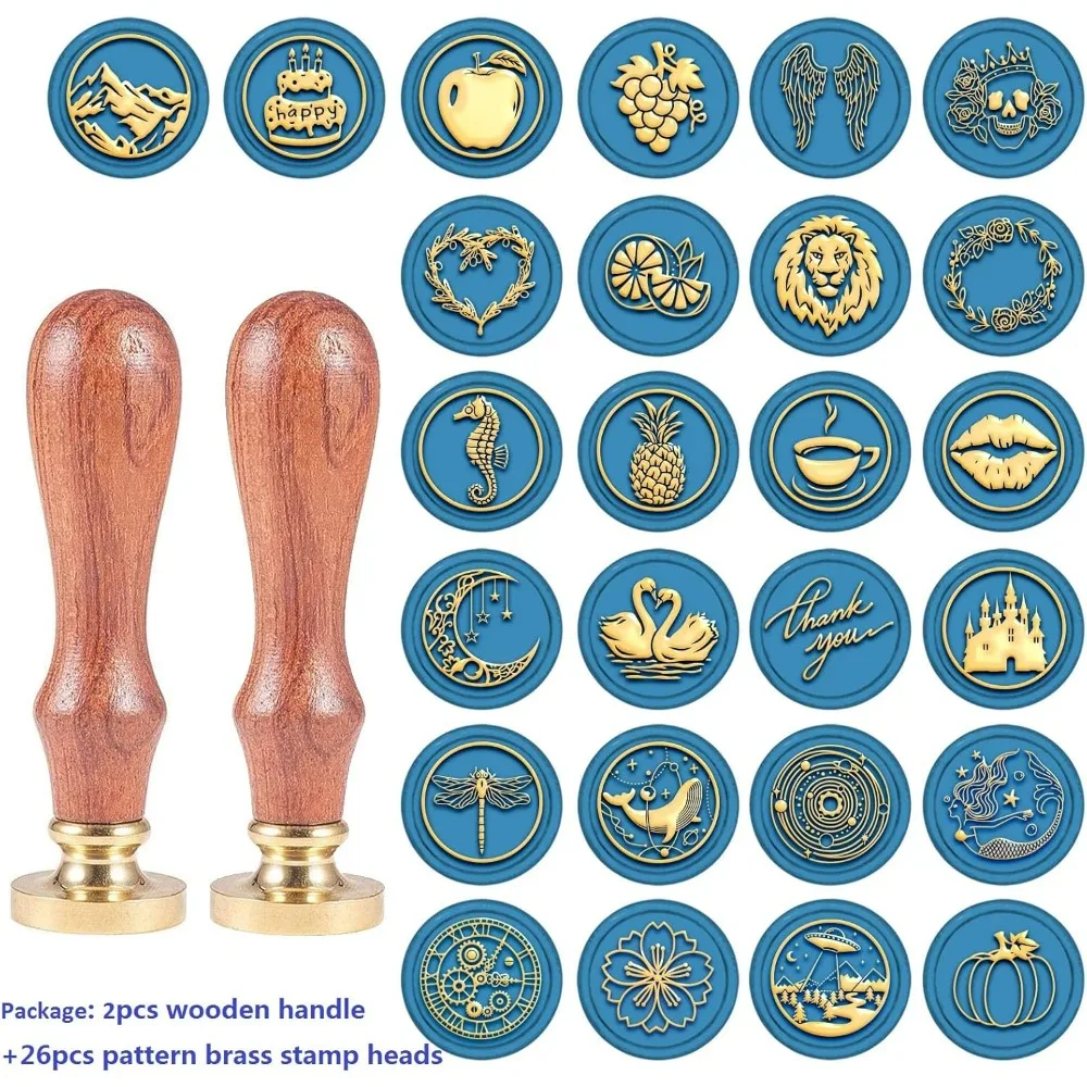 Wax Seal Stamp Heads Set 26PCS Vintage Sealing Wax Stamps Animal and Fruit Theme 25mm Removable Brass Stamp Head with Wooden