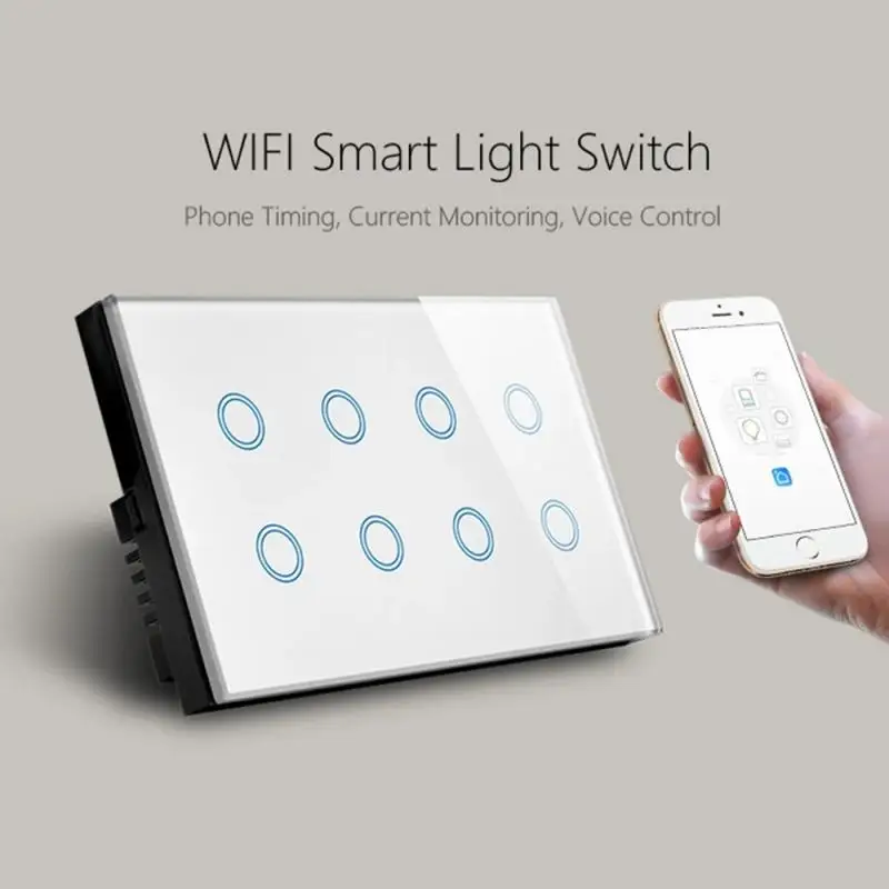 Interruptor de pared inteligente con Wifi, Panel de cristal con Control de 2 vías, 8 entradas, 147x86mm, aplicación SmartLife, Alexa y Google Home,