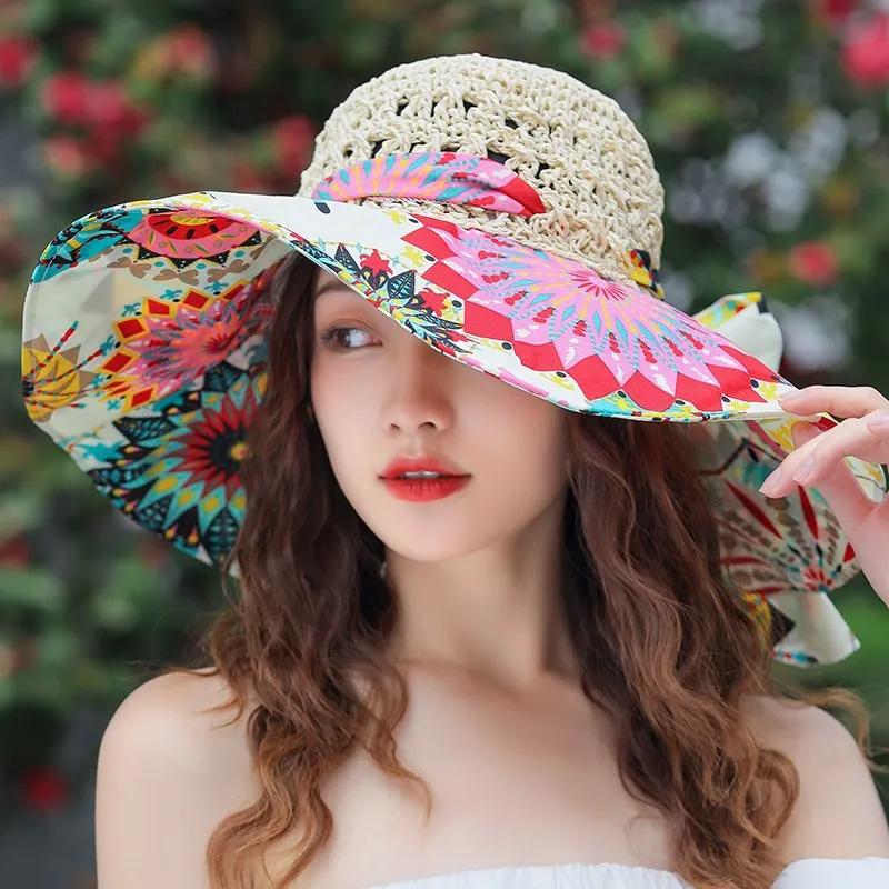 MAXSITI U Large brim sunscreen sun hat female Bohemian Beach Hat Tie Dyed breathable sunshade straw hat fisherman hat