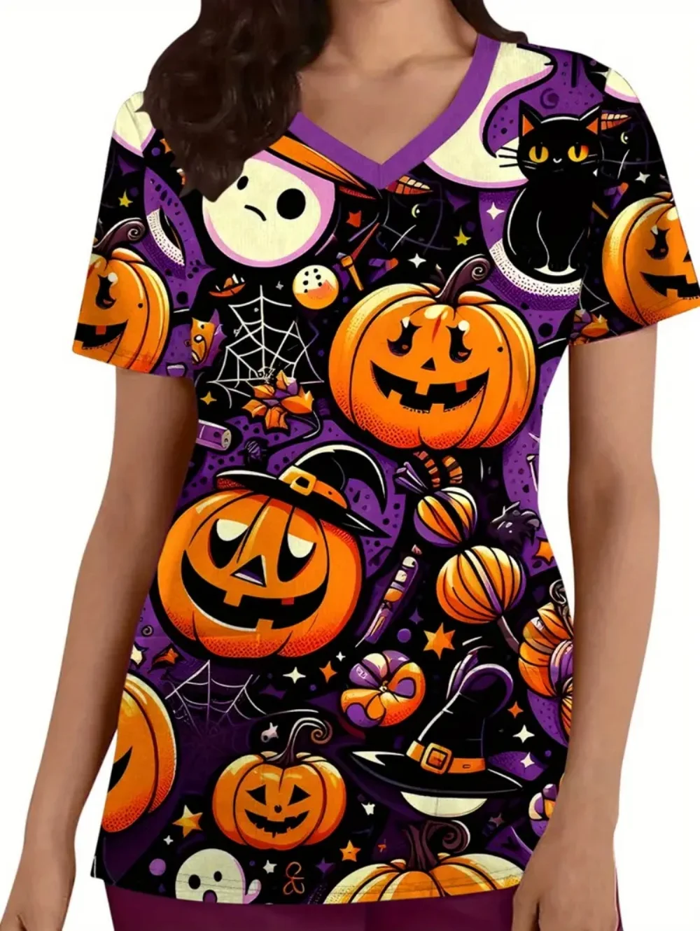 ชุดยูนิฟอร์มทางการแพทย์สำหรับผู้หญิง ลายฟักทองฮาโลวีน แฟชั่นคอวี แขนสั้น ชุดยูนิฟอร์มทางการแพทย์ลำลอง ชุดยูนิฟอร์มพยาบาลทันตแพทย์สำหรับผู้หญิง