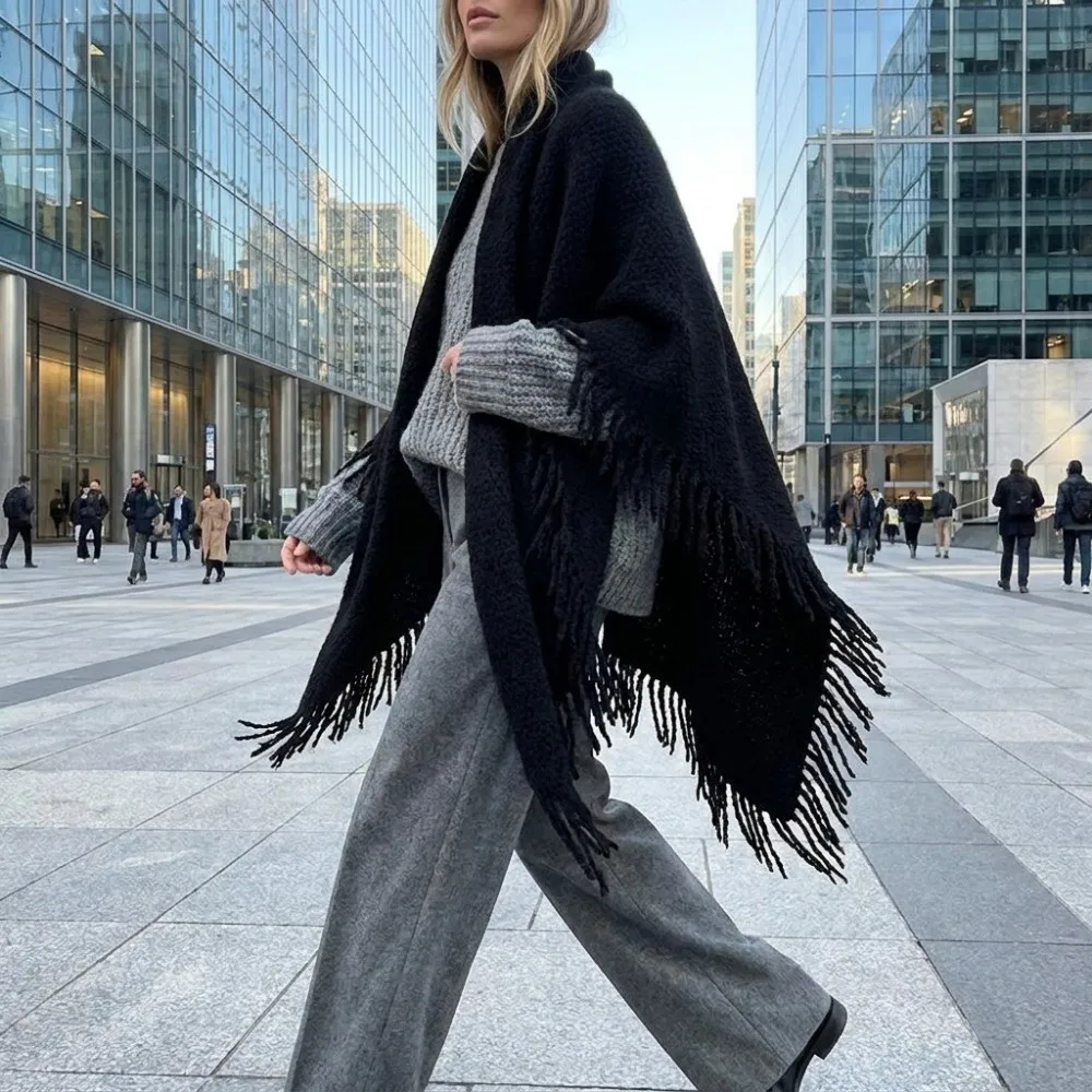 Will Not Pill Wool‑Blend Triangle Shawl Tassel Multi-color Neck Warmer Warm Solid Color Wrap Shawl Women