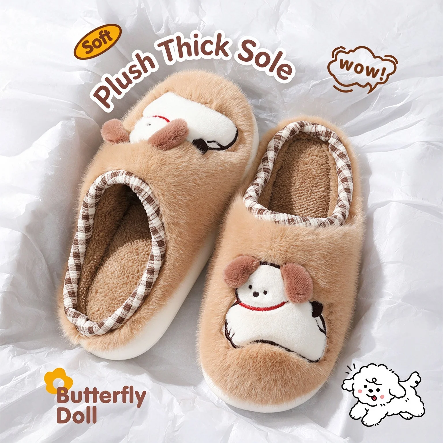 Men's Plush Cotton Slippers Cute 3D Dogs Winter Suitable for Home Use Fur Comfortable and Non Slip Women Indoor Couple Slippers