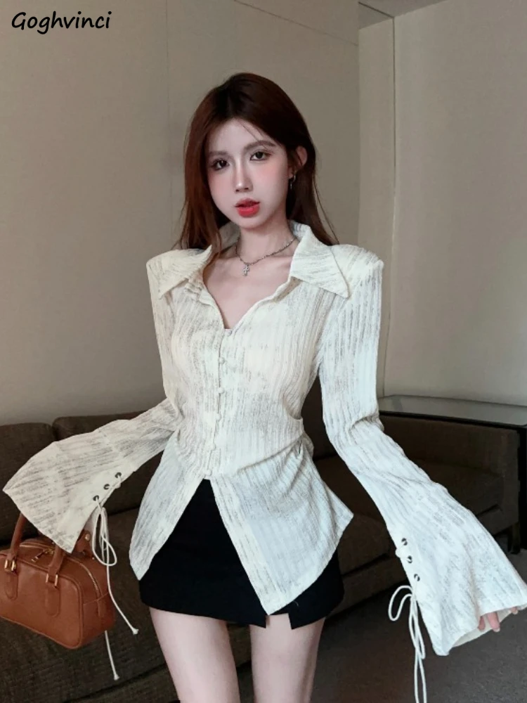 

Spring Autumn Elegant Feminine Sexy Tops Aesthetic Clothes Popular French Style Flare Sleeve Shirts