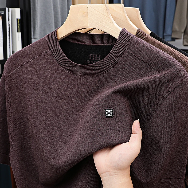 

2025 New Knitted Wool Sweater Men's Short Sleeve T-shirt Spring and Autumn Youth Round Neck Short Sleeve Knitted Sweater Top