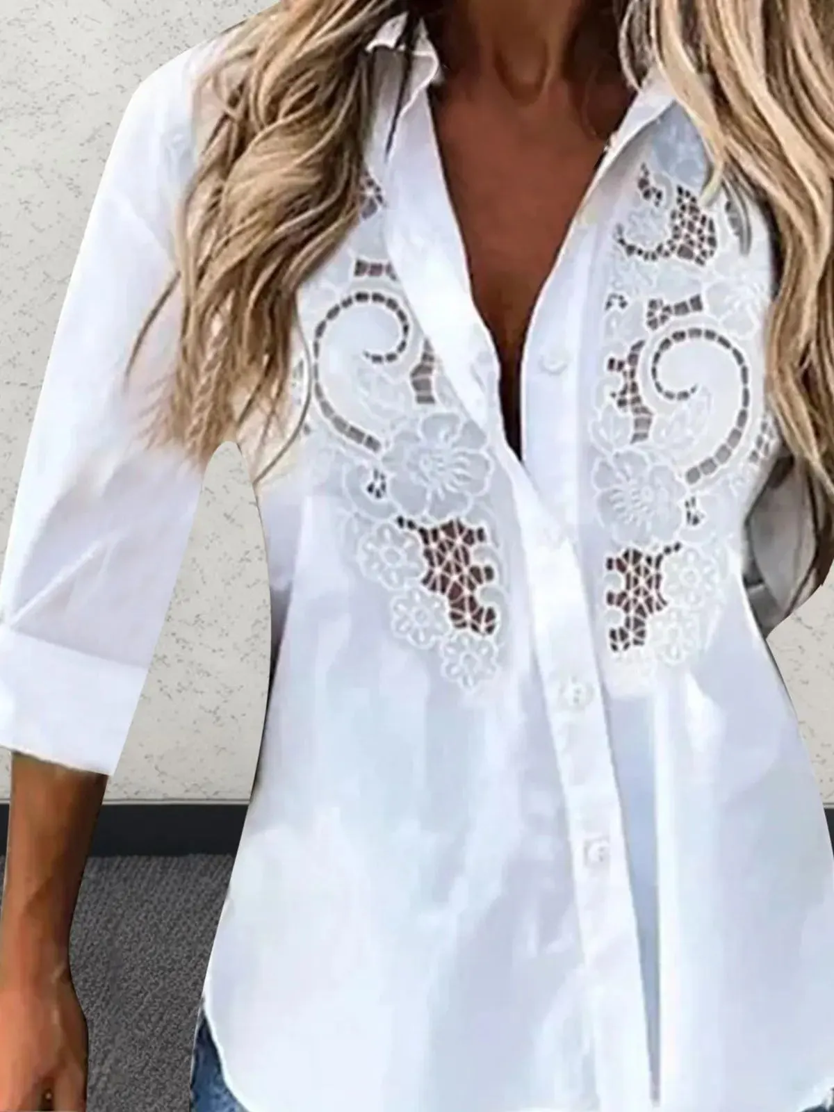 

Loose Lace Hollow out Long Sve irt Street Sle Warmth Comfortable Fit Women's Faion Pure Color Button Detail