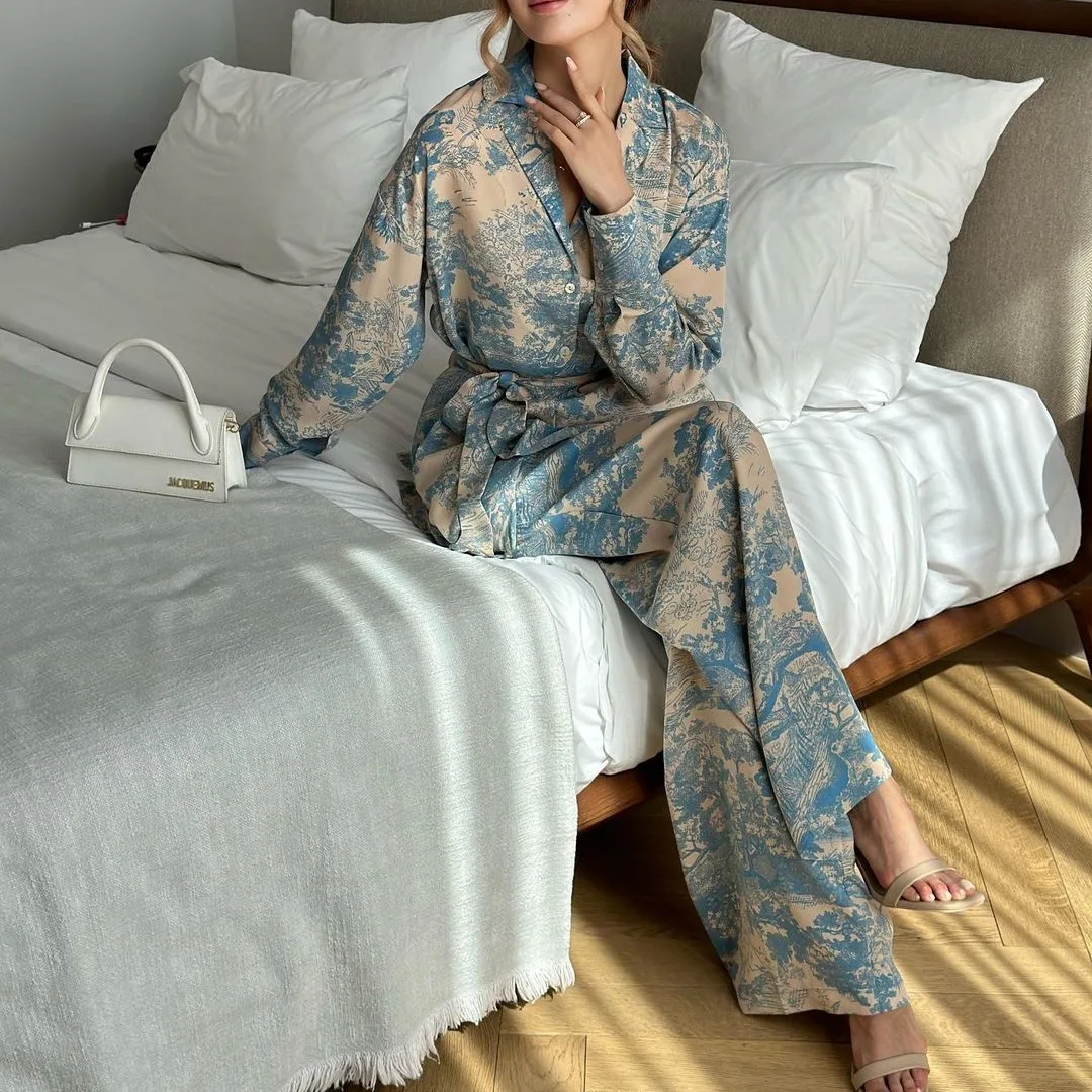 New Spring Summer Women's French Floral Print Long Sleeve Tie Front Blouse High Waist Wide Leg Pants Set