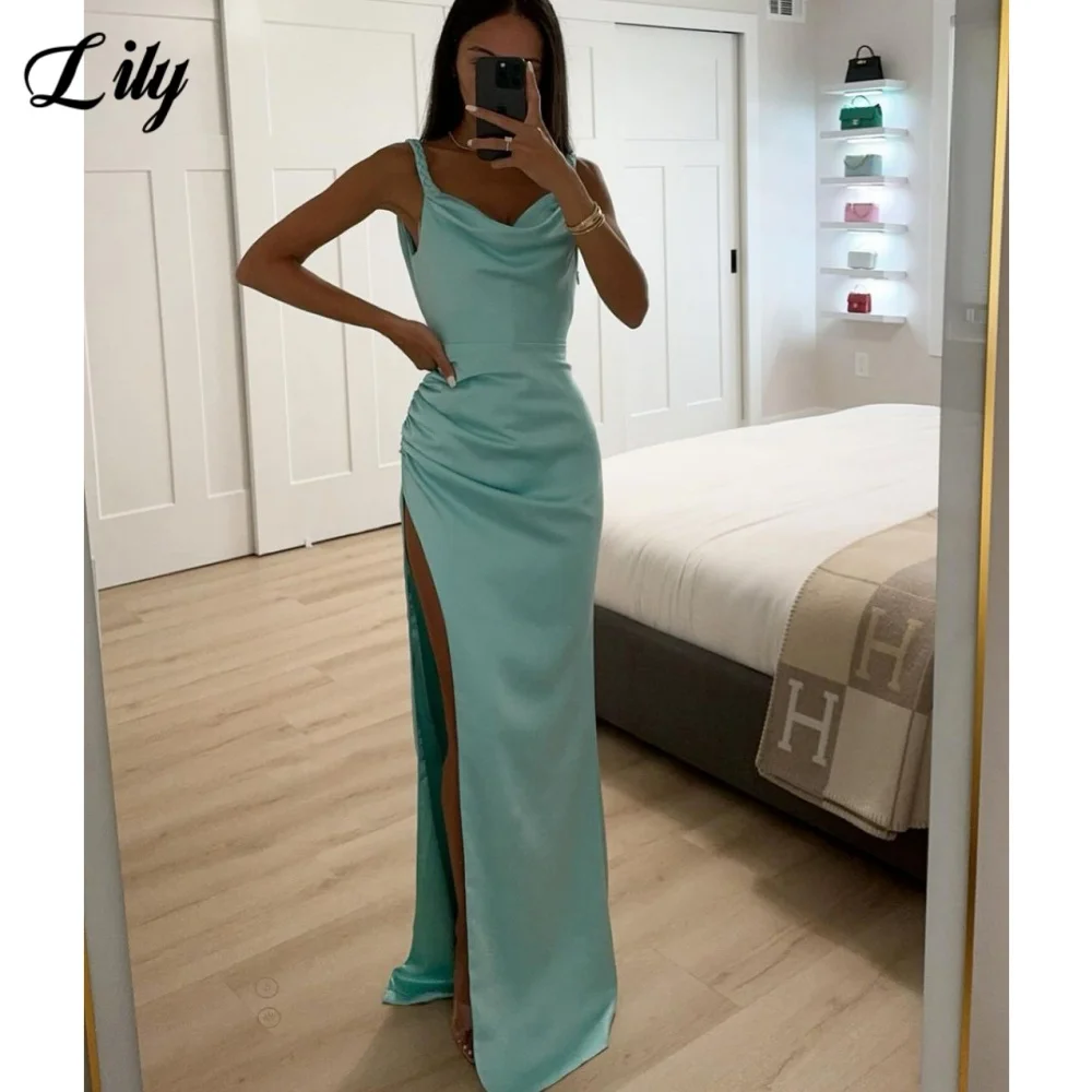 

Lily Green Sexy Prom Dress V-Neck Sleeveless Prom Gown Satin Side High Split Formal Gown for Woman abiti da cerimonia Customized