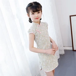 Children Cheongsam Summer Cotton Breathable Qipao Chic Girls Improved Printed Party Banquet Dress Traditional Chinese Tang Suit