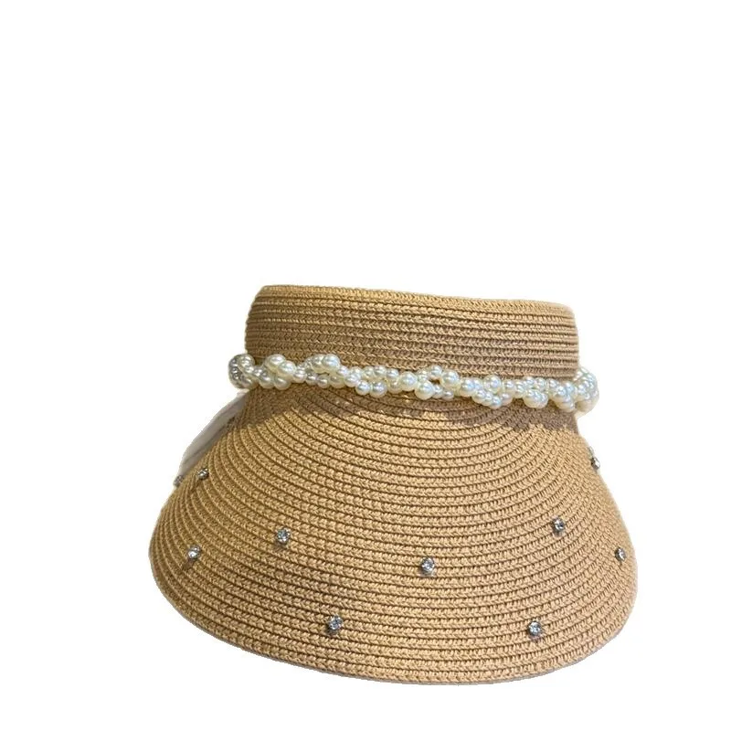 Women French Pearl Straw Visor Hat, Summer New Arrival Chanel‑Style UV‑Protection Sun Hat for Outdoor Travel