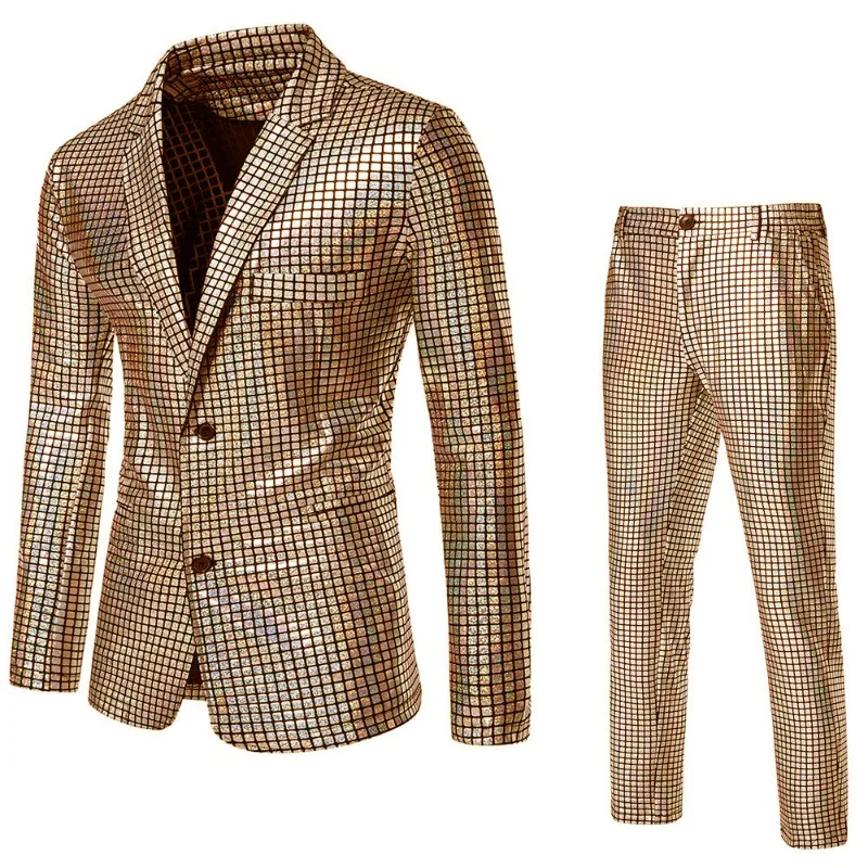 Fashionable New Men's Sequin Hot Stamping Suit Disco Cosplay Party Stage Nightclub Shiny and Cool Performance Suit Set SizeS-3XL