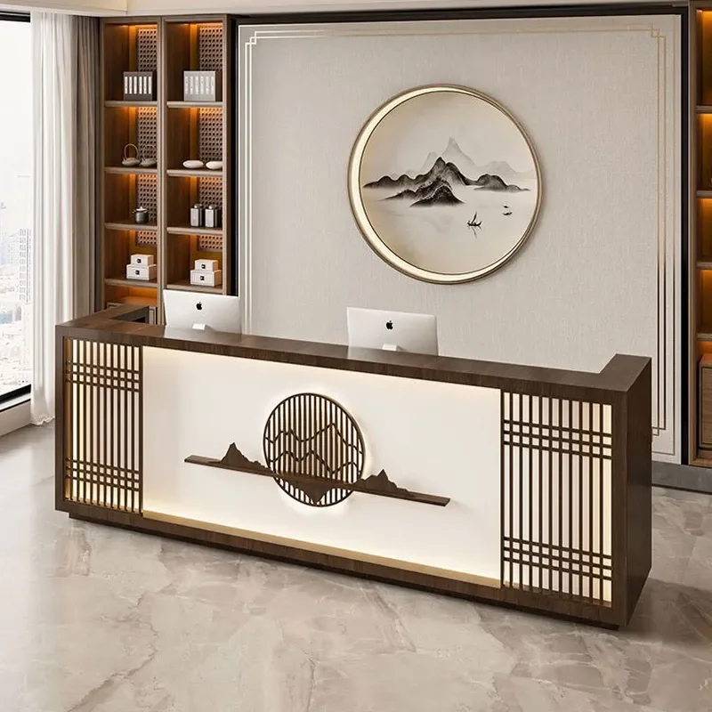 New Chinese Style Front Desk Cabinet for Checkout Counter Reception Table for Foot Bath Shop Health Center Service Bar Tea