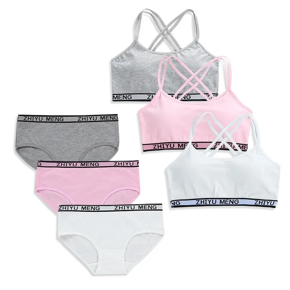 

2Sets/Lot Teenagers Cotton Underwear Set Kids Young Girls Training Puberty Students Bra Vest Brassiere Panties