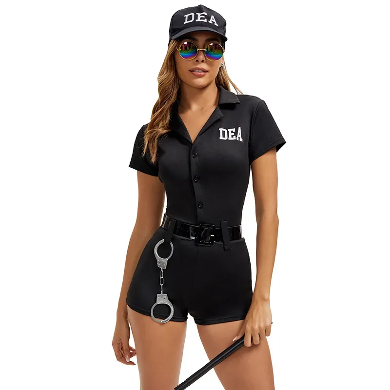 Black Police Costume Cosplay Adult Women Sex Seduction Role play Prison Police Work Hat Sexy Jumpsuit and Handcuffs Truncheon