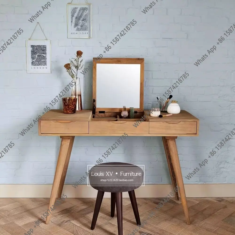 Nordic simple clamshell solid wood dresser multifunctional makeup desk small apartment bedroom log storage cabinet
