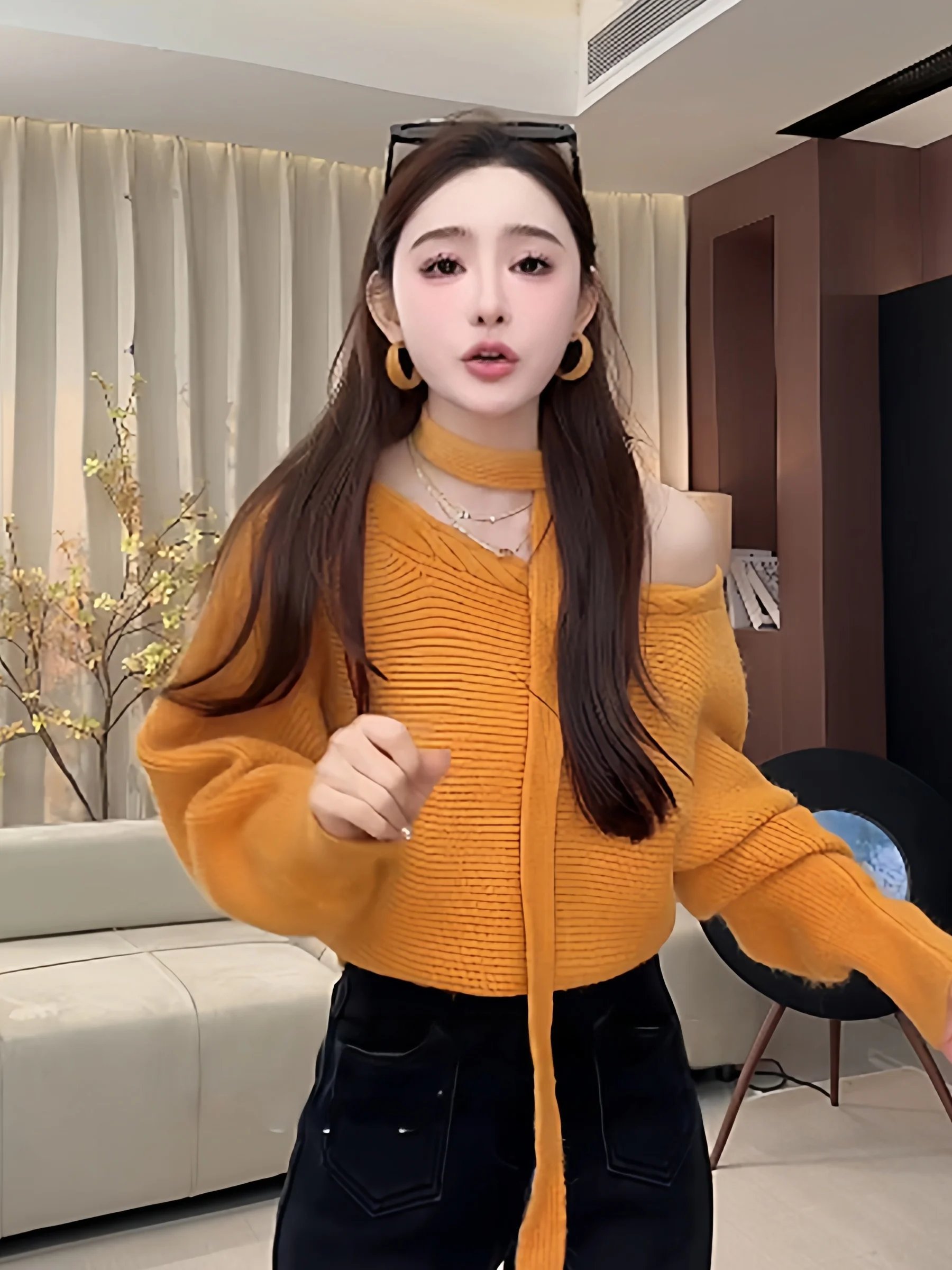 

Korean Sle Slant oulder Sa Knitted Sweater Women's Autumn Winter Slimming Beautiful Small Top Loose Fit Medium Softn