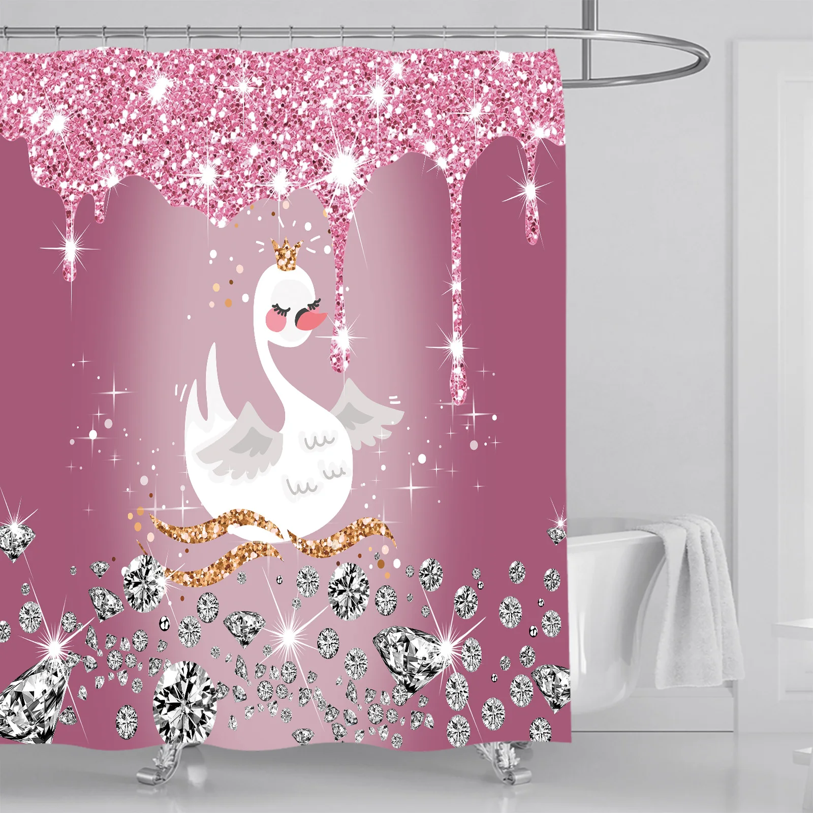 1PC Pink Diamond Crown White goose pattern home decoration Shower curtain Shower room partition curtain 12 plastic hooks 71x71 i