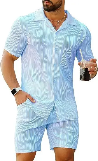 Men's 2 Piece Outfits Short Sleeve Button Down Shirt and Shorts Set Casual American Street Style Fashion Trendy Summer Tracksuit