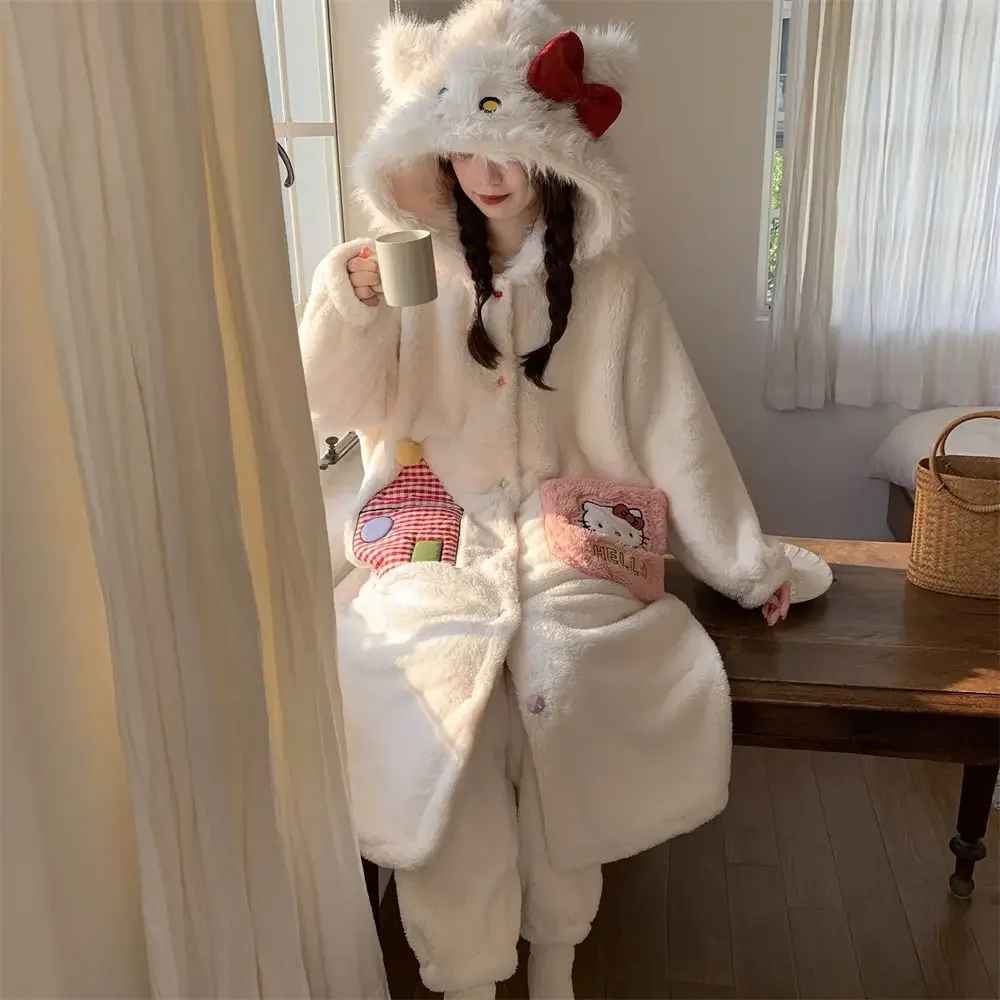 Hellokitty Long Coral Velvet Hooded Robe Female Winter Paragraph Padded Thickened Wearable Pajamas Suit Cinnamoroll Homewear