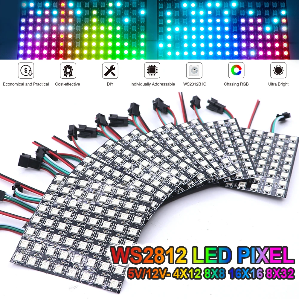 4x12 8x8 16x16 8x32 DIY Pixel LED DC5V 12V Individually Addressable WS2812B Flexible Pixel Matrix SMD5050 RGB Dream Color LED 5V