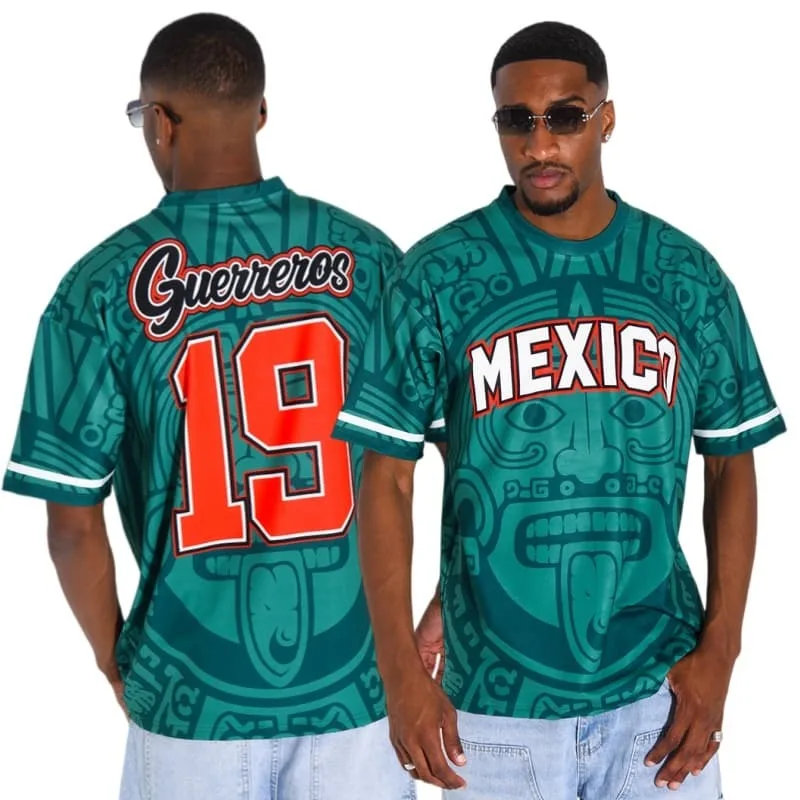 2026 New Mexican Mayan Totem All-over Print Jersey, Retro Green and White Background, Size 19, Loose Fit Casual Men's T-Shirt