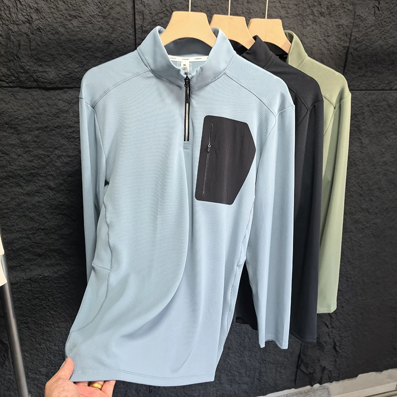 

Мужская повседневная футболка для активного отдыха с воротником-стойкой на молнии, быстросохнущая, дышащая, из полиэфирного волокна, в городском стиле