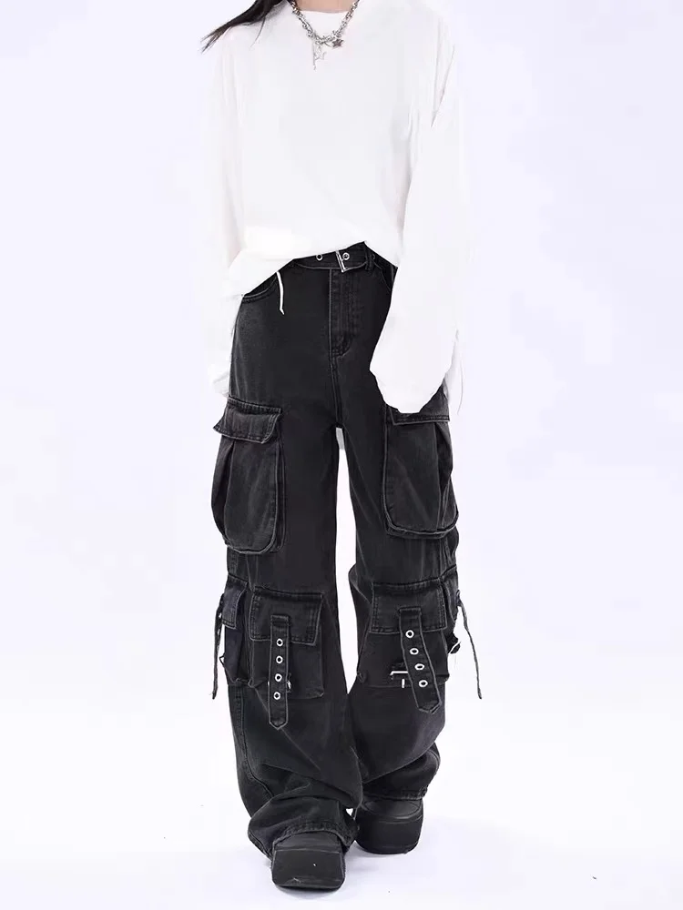 Y2k Harajuku Baggy Black Cargo Jeans Women Vintage Korean  High Waist  Wide Leg Pants Street Hip Hop Denim Straight Leg Trousers