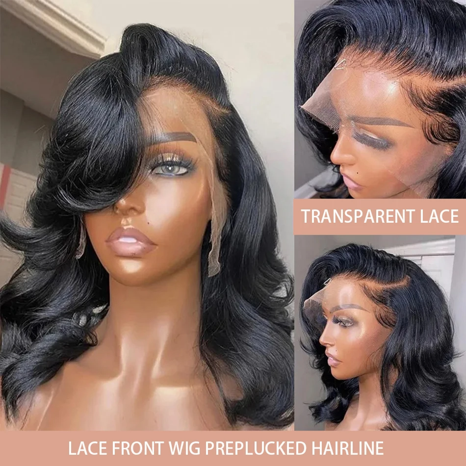 13x4 Short Body Wave Lace Frontal Bob Wig 200% Density Brazilian 100% Human Hair 4x4 Transparent Lace Wigs For Women 12 14 Inch