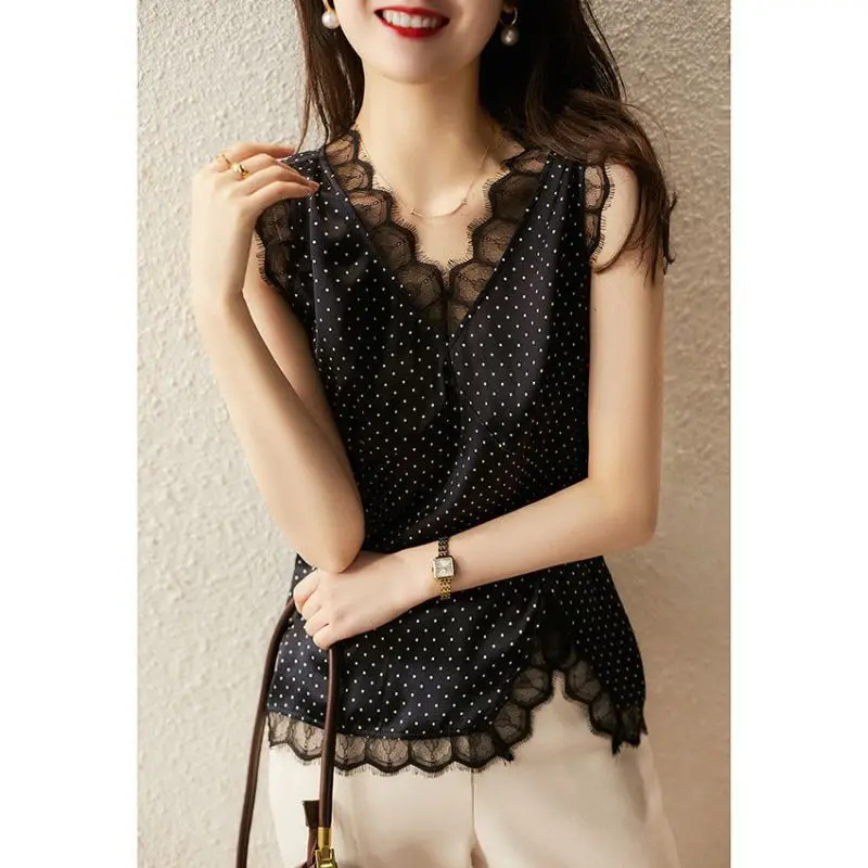 

Elegant Polka Dot Sleeveless Lace Blouse Women's Clothing 2023 Spring New Casual Pullovers Tops Chiffon Commute Shirt