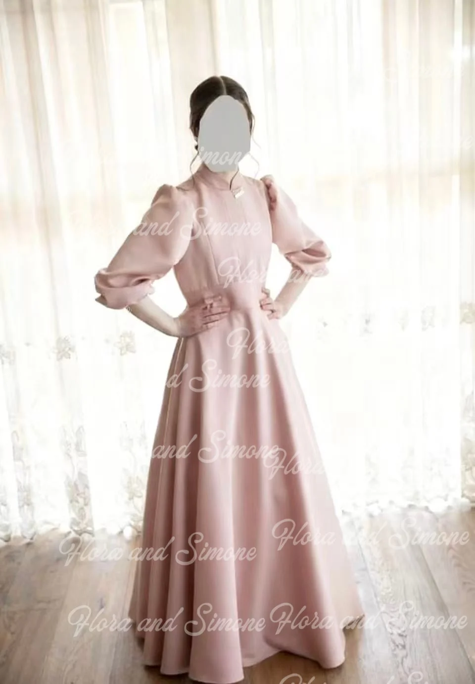 Vestido floral de cetim rosa personalizado, gola alta, meia manga, cerimônias de casamento, festa de aniversário, evento, vestido formal