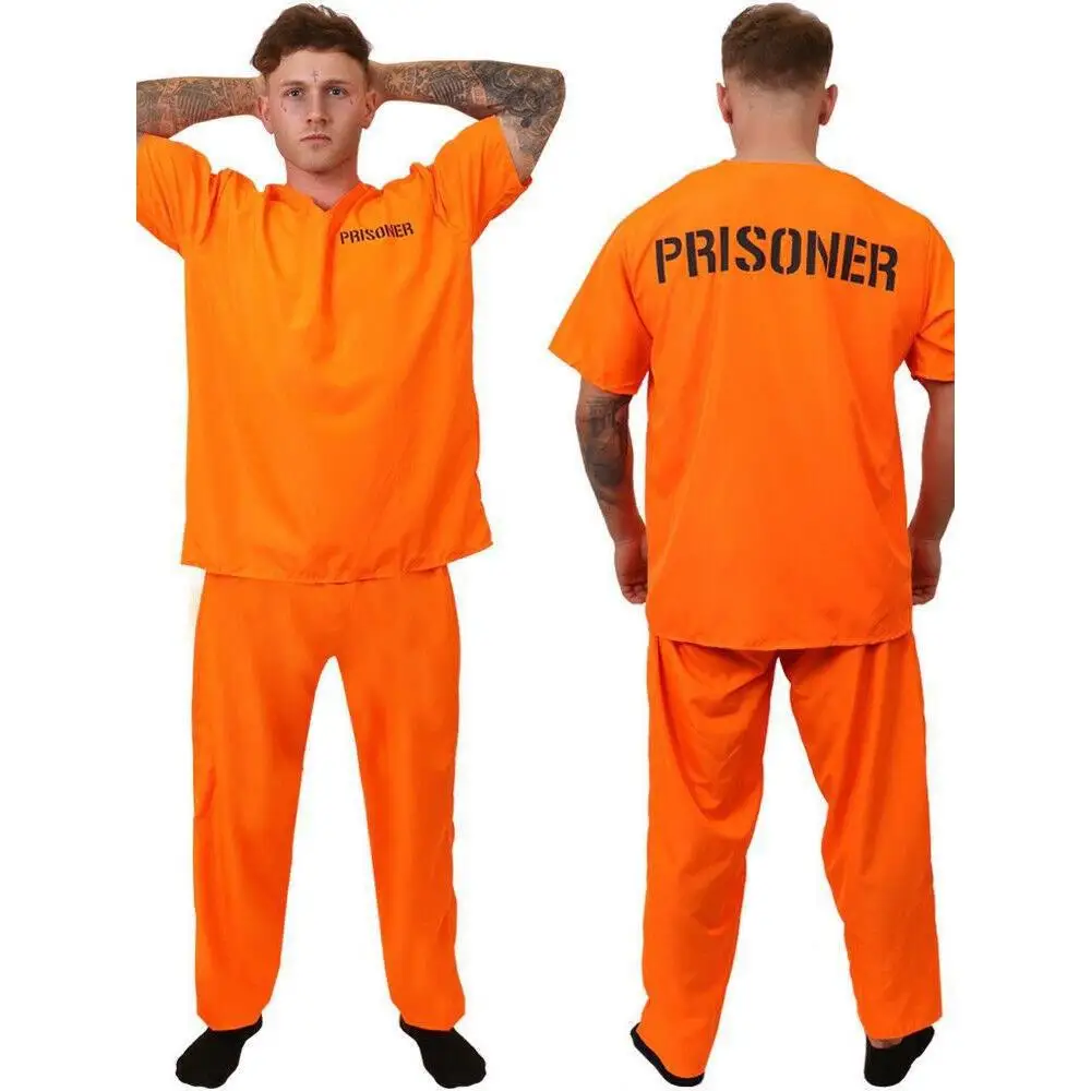 ชุดนักโทษลายทางสีส้มสำหรับผู้ใหญ่ ชุดคอสเพลย์นักโทษ ชุดแสดงบนเวทีสำหรับผู้ชายและผู้หญิง