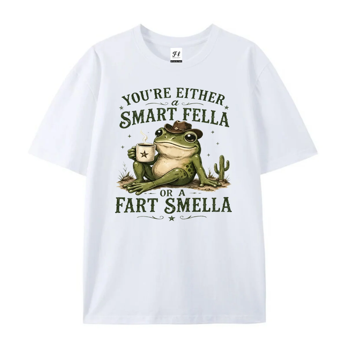 Unisex O Neck Short Sleeve T-Shirt Cowboy Frog Coffee Funny Slogan Graphic Tee Western Desert Cactus Print Casual Humor Tops