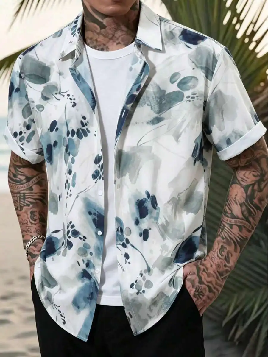 Men's Tie-Dye Print Button-Up Short Sleeve Shirt