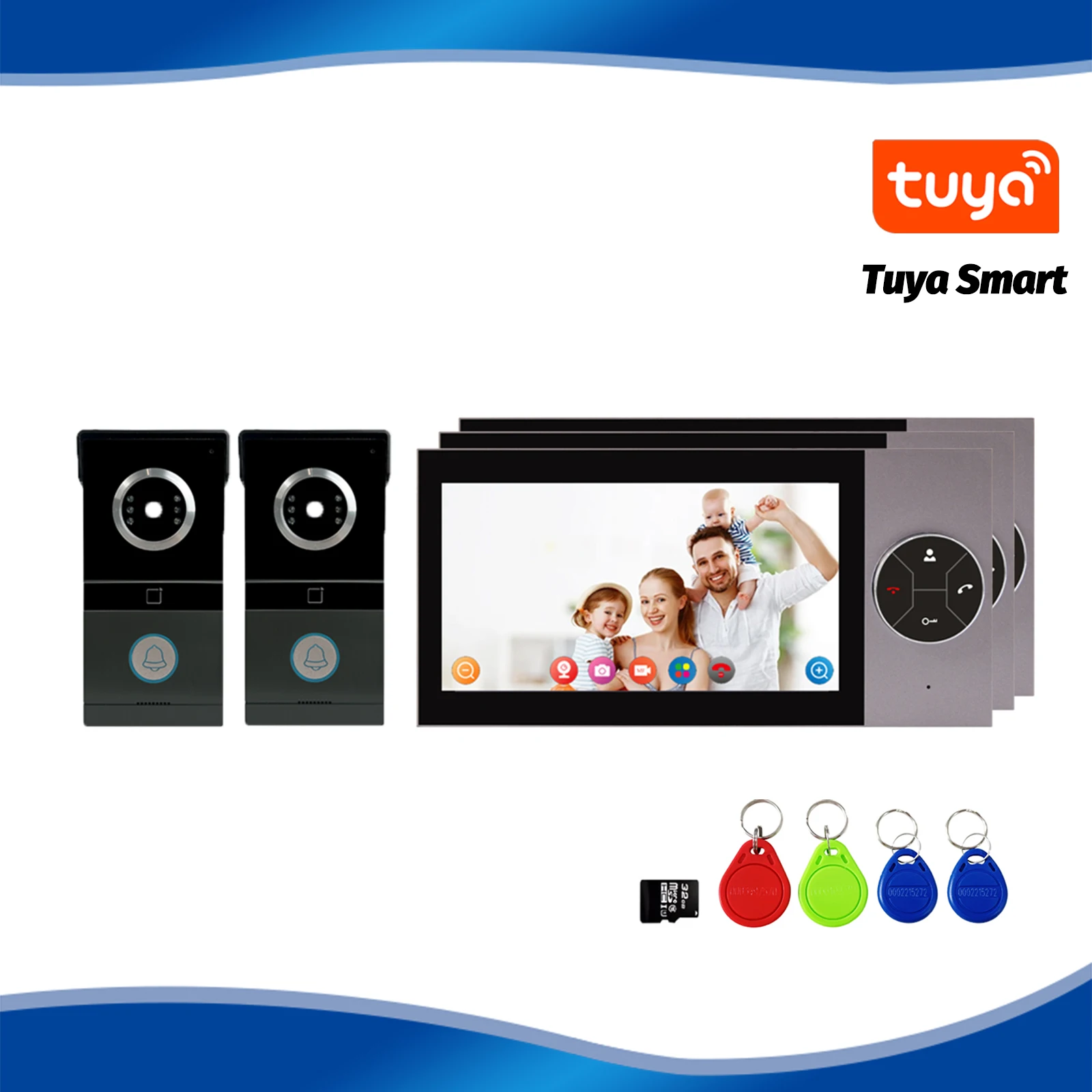 

Tuya Ultimate 2 дверных звонка, 3 монитора, 7-дюймовые HD-сенсорные экраны, облачное хранилище, обнаружение движения человека